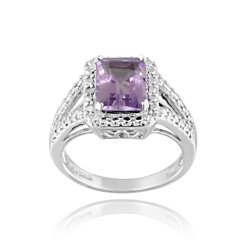Sterling Silver 2.2ct Emerald-Cut Amethyst & Diamond Accent Ring