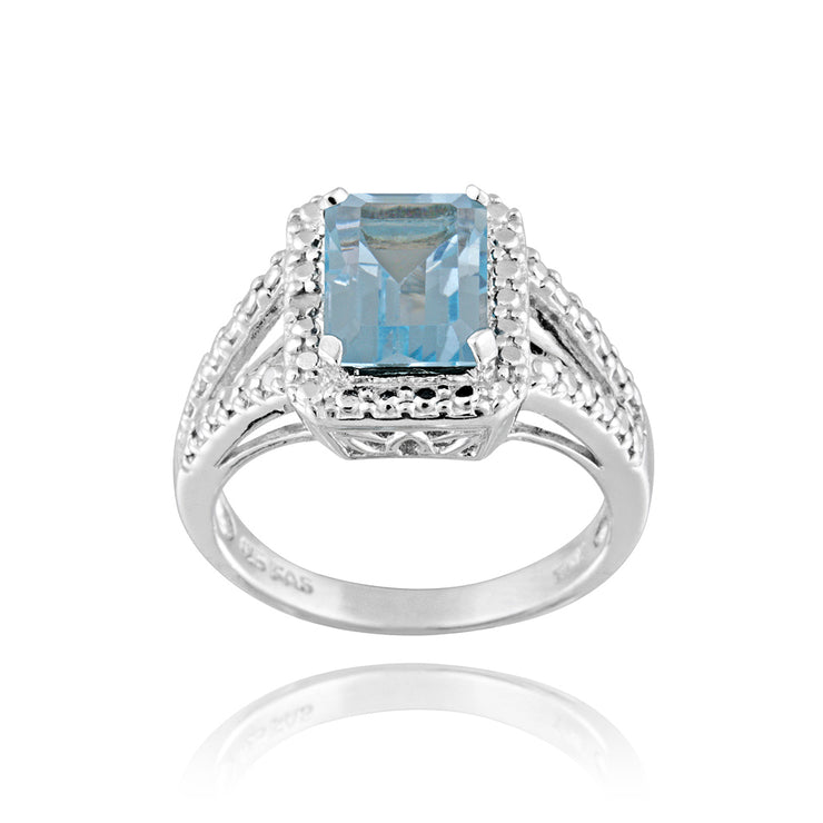 Sterling Silver 3.4ct Emerald-Cut Blue Topaz & Diamond Accent Ring