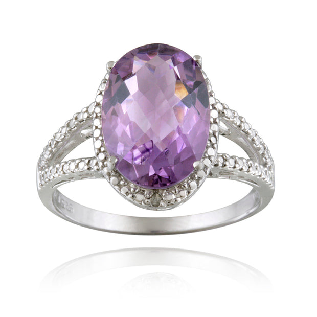 Sterling Silver 4ct Amethyst & Diamond Accent Oval Ring