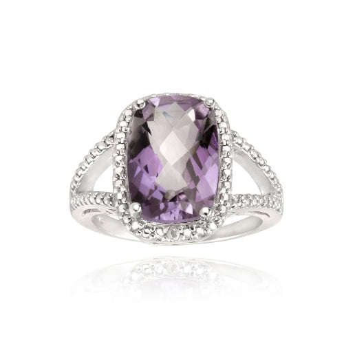 Sterling Silver .1ct Amethyst & Diamond Accent Cushion Cut Ring
