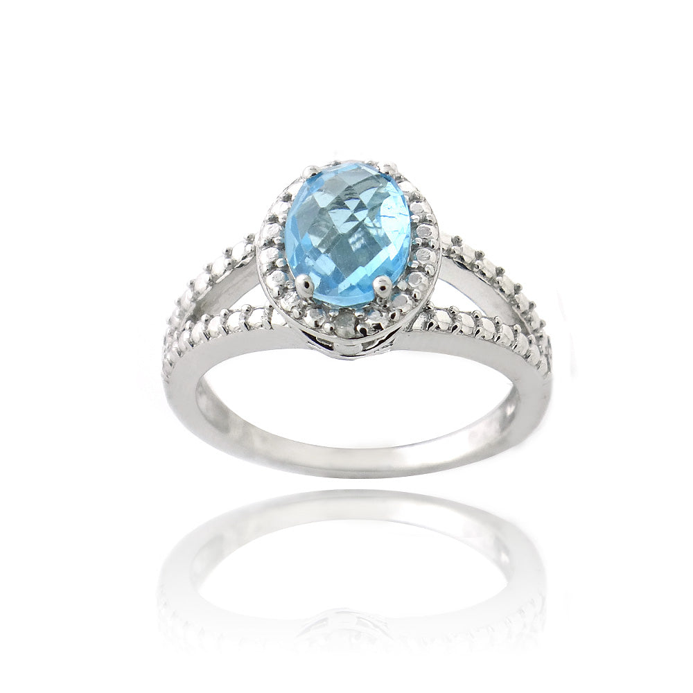 Sterling Silver 1.ct Swiss Blue Topaz & Diamond Accent Split Band Oval Ring