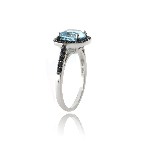 Sterling Silver 2.2ct Blue Topaz & Black Spinel Square Ring-2
