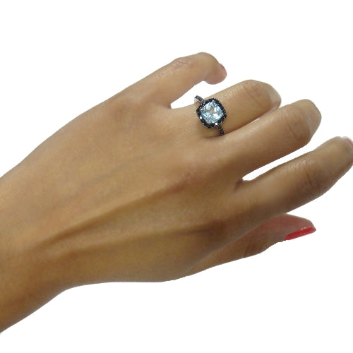 Sterling Silver 2.2ct Blue Topaz & Black Spinel Square Ring-4