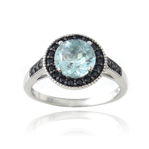 Sterling Silver 1.ct Blue Topaz & Black Spinel Round Ring