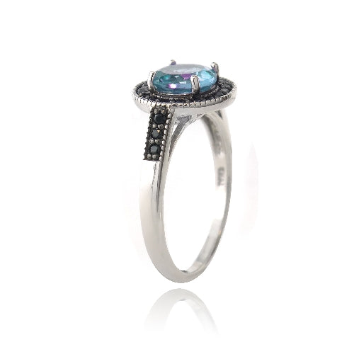 Sterling Silver 1.ct Blue Topaz & Black Spinel Round Ring-2