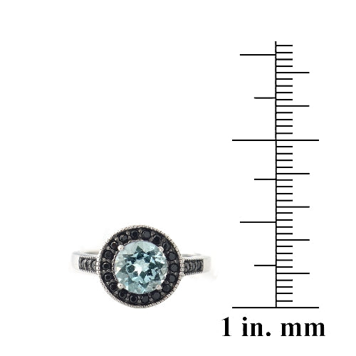 Sterling Silver 1.ct Blue Topaz & Black Spinel Round Ring