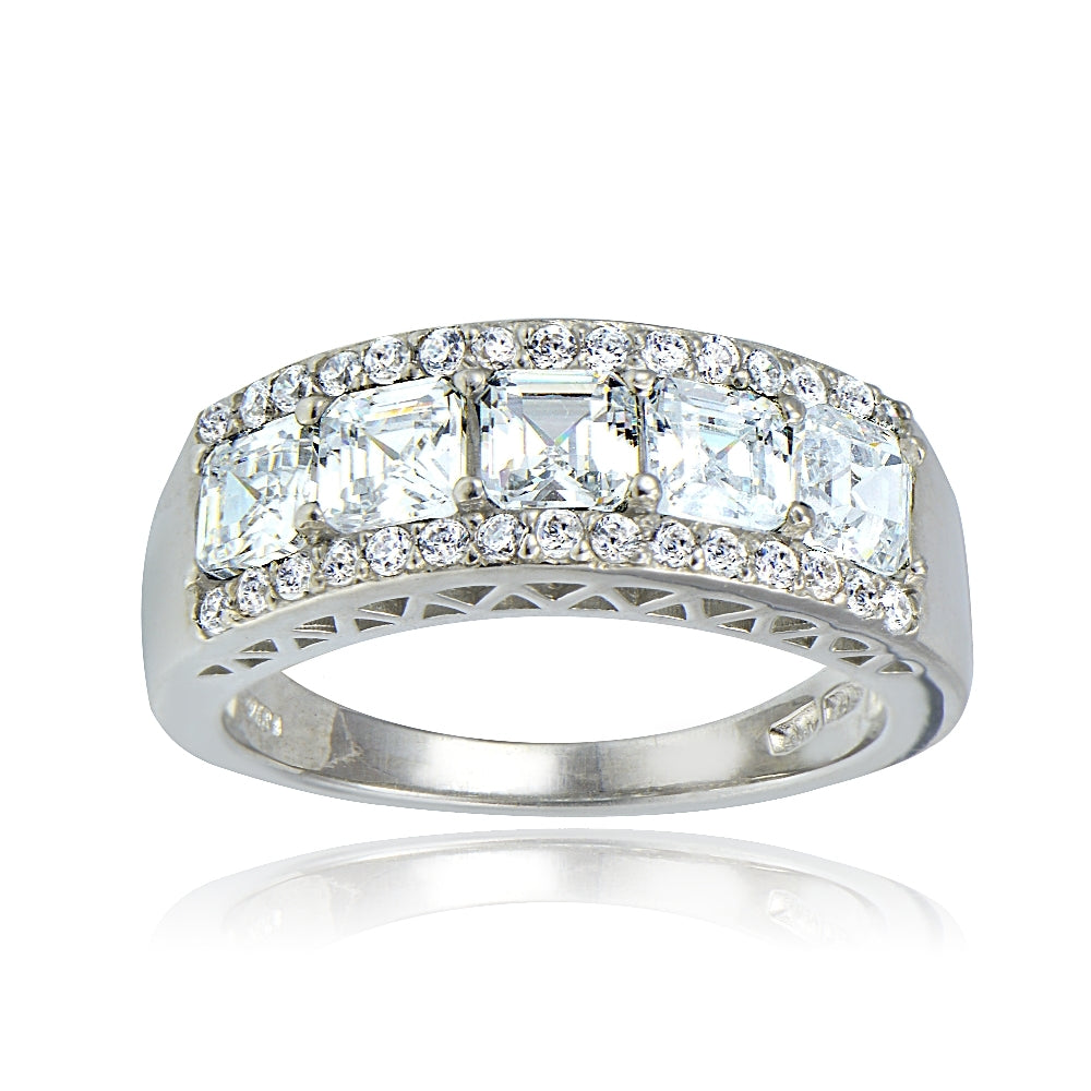 Sterling Silver Asscher Cut CZ Wedding Band Ring
