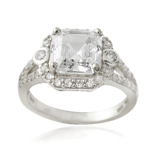 Sterling Silver 3ct Asscher Cut CZ Split Shank Ring