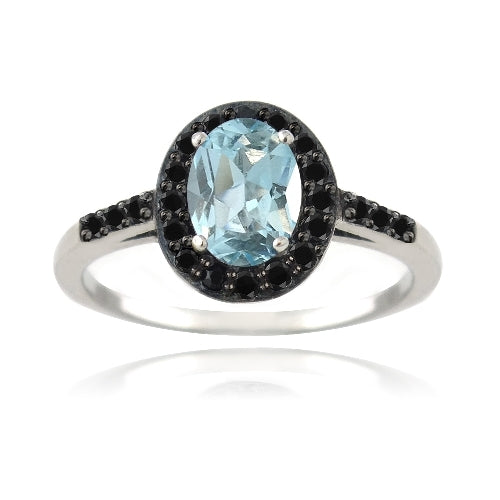 Sterling Silver 1.ct Blue Topaz & Black Spinel Oval Ring