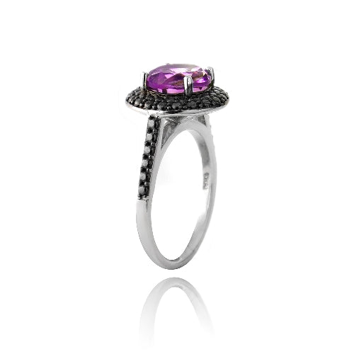 Sterling Silver 2.2ct Created Pink Sapphire & Black Diamond Accent Round Ring-2