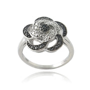 Sterling Silver Black Diamond Accent Flower Ring