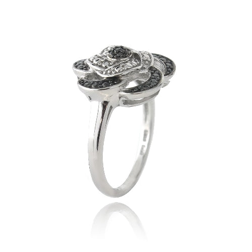 Sterling Silver Black Diamond Accent Flower Ring-2