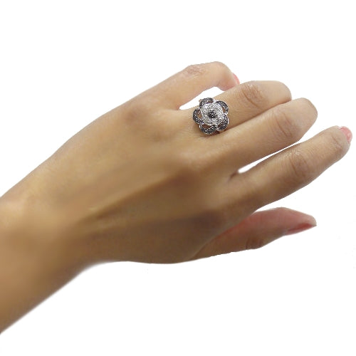 Sterling Silver Black Diamond Accent Flower Ring-4
