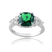Sterling Silver 1.4ct Created Emerald & CZ Cushion Cut Ring