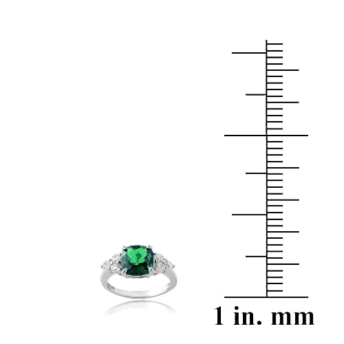 Sterling Silver 1.4ct Created Emerald & CZ Cushion Cut Ring