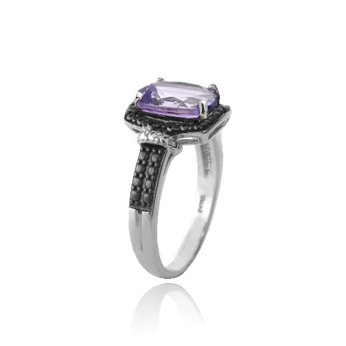 Sterling Silver 1.ct Amethyst & Black Diamond Accent Rectangle Ring-2