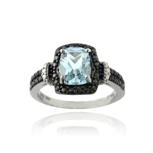 Sterling Silver 1.ct Blue Topaz & Black Diamond Accent Rectangle Ring