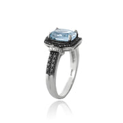 Sterling Silver 1.ct Blue Topaz & Black Diamond Accent Rectangle Ring