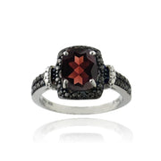 Sterling Silver 1.ct Garnet & Black Diamond Accent Rectangle Ring