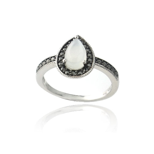 Sterling Silver Moonstone & Black Diamond Accent Teardrop Ring