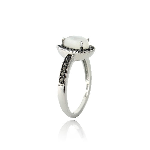 Sterling Silver Moonstone & Black Diamond Accent Teardrop Ring