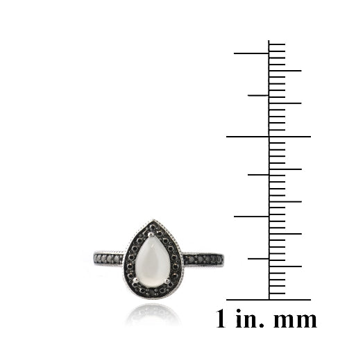Sterling Silver Moonstone & Black Diamond Accent Teardrop Ring
