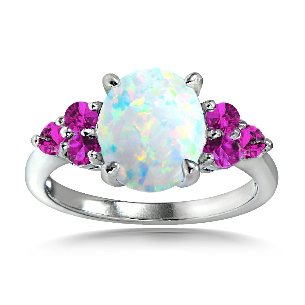 Sterling Silver Created White Opal & Pink Sapphire Oval Ring