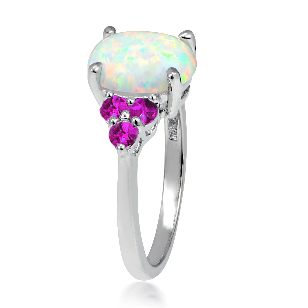 Sterling Silver Created White Opal & Pink Sapphire Oval Ring-2