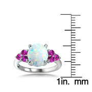 Sterling Silver Created White Opal & Pink Sapphire Oval Ring