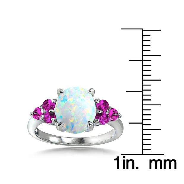 Sterling Silver Created White Opal & Pink Sapphire Oval Ring