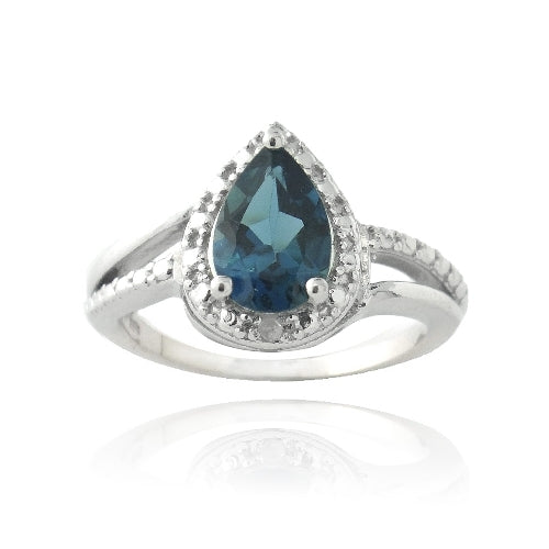 Sterling Silver 1.ct London Blue Topaz & Diamond Accent Teardrop Ring