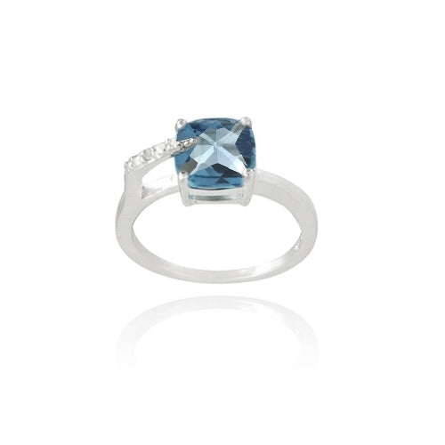Sterling Silver 3.3ct London Blue Topaz & Diamond Accent Cushion Cut Curve Ring