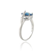 Sterling Silver 3.3ct London Blue Topaz & Diamond Accent Cushion Cut Curve Ring