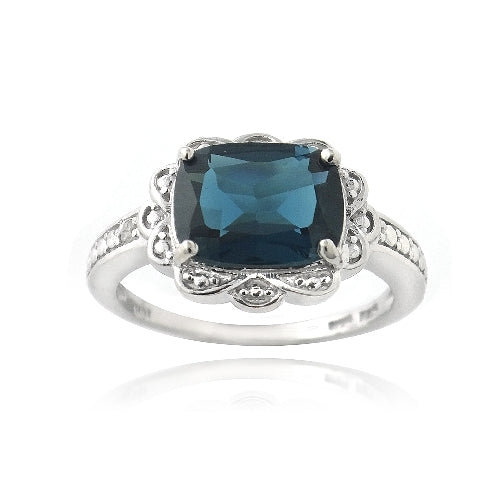 Sterling Silver 2.ct London Blue Topaz & Diamond Accent Vintage Emerald-Cut Ring