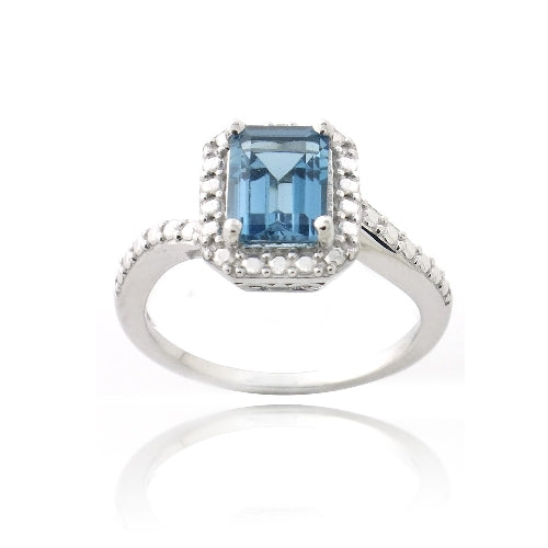 Sterling Silver 1.ct London Blue Topaz & Diamond Accent Emerald-Cut Ring