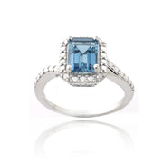 Sterling Silver 1.ct London Blue Topaz & Diamond Accent Emerald-Cut Ring