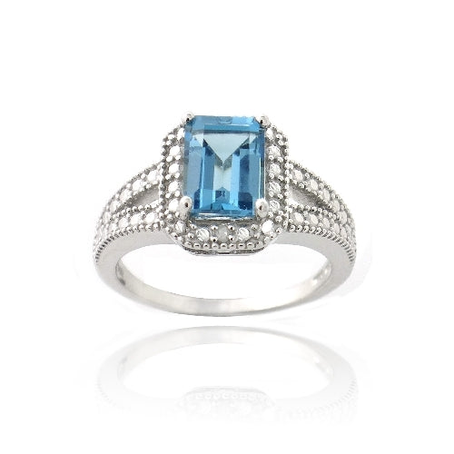 Sterling Silver 1.ct London Blue Topaz & Diamond Accent Emerald-Cut Split Shank Ring