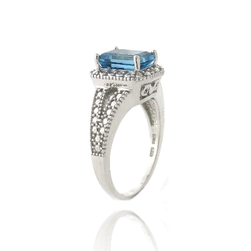 Sterling Silver 1.ct London Blue Topaz & Diamond Accent Emerald-Cut Split Shank Ring-2