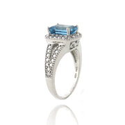 Sterling Silver 1.ct London Blue Topaz & Diamond Accent Emerald-Cut Split Shank Ring