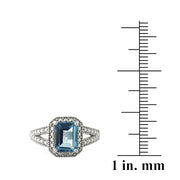 Sterling Silver 1.ct London Blue Topaz & Diamond Accent Emerald-Cut Split Shank Ring