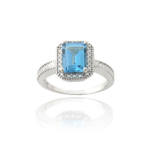 Sterling Silver 1.ct London Blue Topaz & Diamond Accent Rectangle Ring