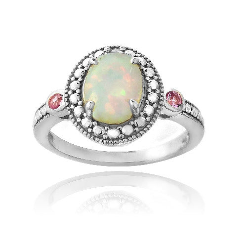 Sterling Silver Diamond Accent Created White Opal & Pink Sapphire Oval Ring