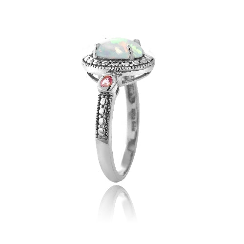 Sterling Silver Diamond Accent Created White Opal & Pink Sapphire Oval Ring-2
