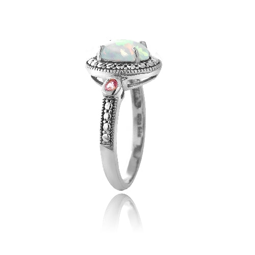 Sterling Silver Diamond Accent Created White Opal & Pink Sapphire Oval Ring