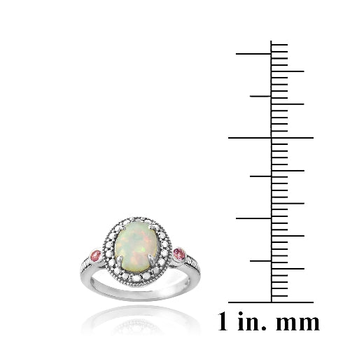 Sterling Silver Diamond Accent Created White Opal & Pink Sapphire Oval Ring-3