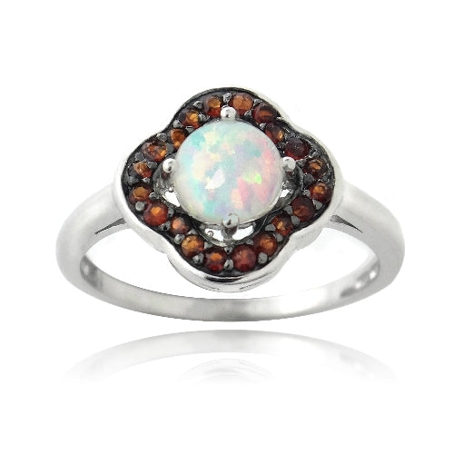 Sterling Silver Garnet & Created White Opal Flower Ring