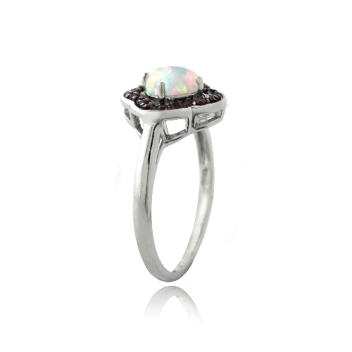 Sterling Silver Garnet & Created White Opal Flower Ring-2