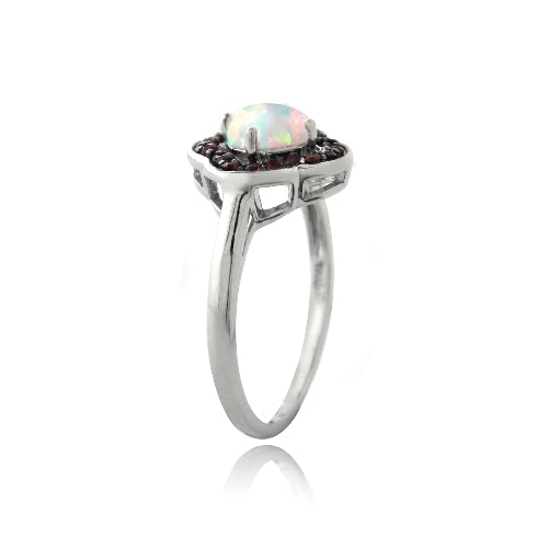 Sterling Silver Garnet & Created White Opal Flower Ring