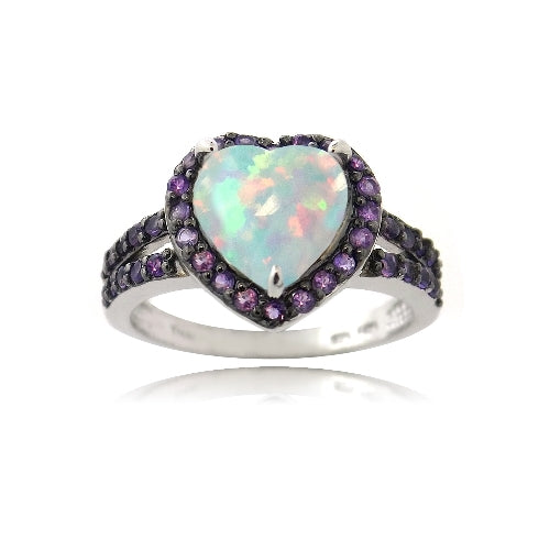 Sterling Silver Created White Opal & Amethyst Heart Ring