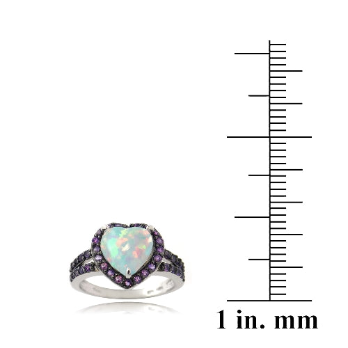 Sterling Silver Created White Opal & Amethyst Heart Ring